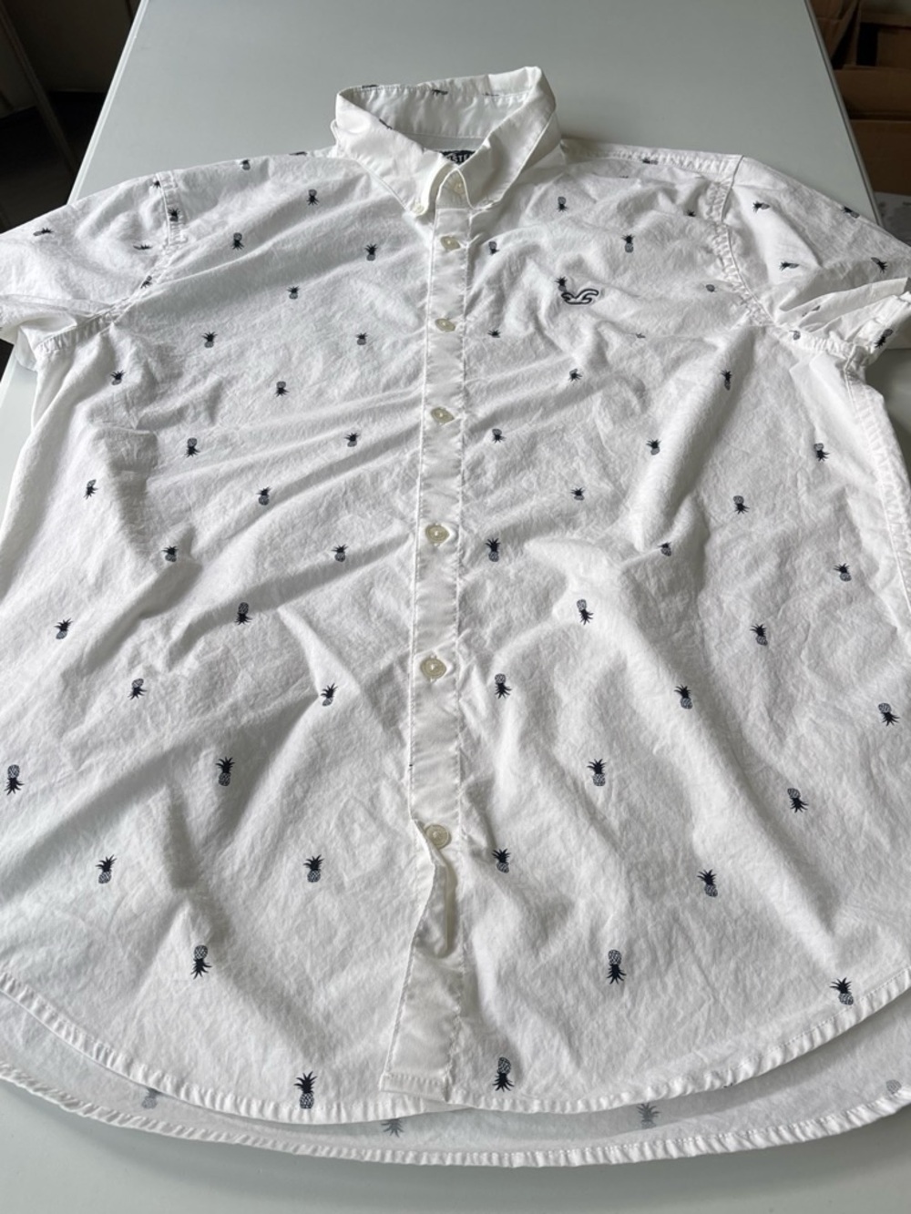 Men's White Button-Up Shirt with Black Pineapple Embroidery